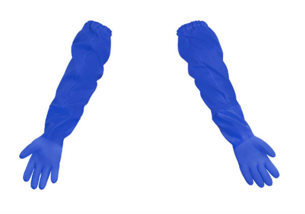 SHOWA Gloves have been welded with armlets made of waterproof PVC-coated Plavitex fabric to produce these lightweight armlets.