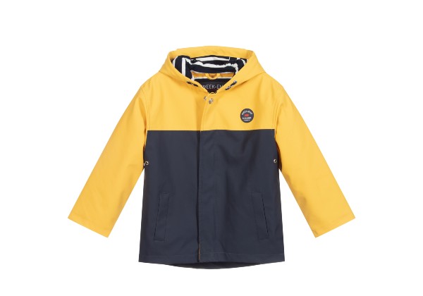 Bright yellow & navy blue children's waterproof jacket by French brand Week-end à la mer. Hooded, with a cosy fleece lining.